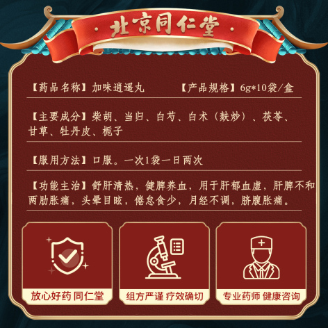 同仁堂加味逍遥丸 Jia Wei Xiao Yao Wan 健脾养血用于肝郁血虚月经不调 (Sooth Liver/Strengthen Spleen Nourish Blood Regulate Menstrual) 6g x 10 Sachets - Image 2