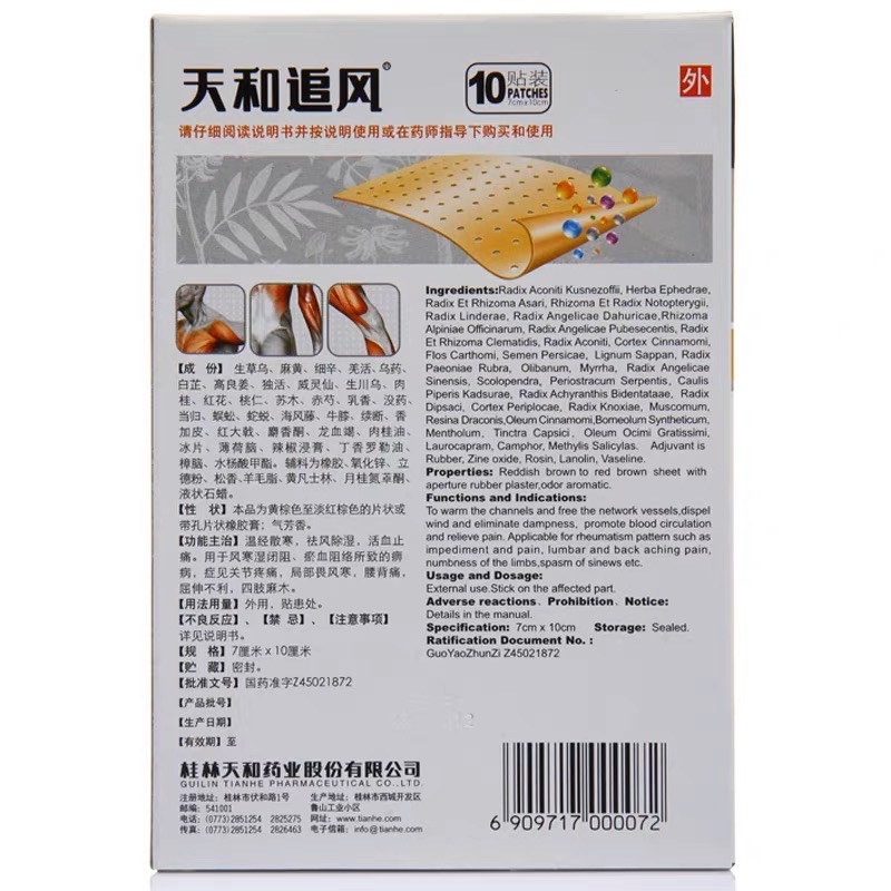 天和追风膏 Tianhe Zhuifeng Gao Pain Relieving Plaster (10 Patches) - Image 2