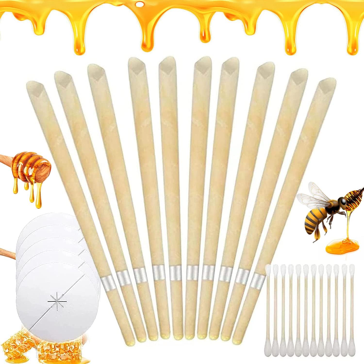 耳烛 Natural Beeswax Ear Candles 10 pc for ear Wax Removal Cleaning Tool Kit, with Cotton Swabs & Protective Disk - Image 6